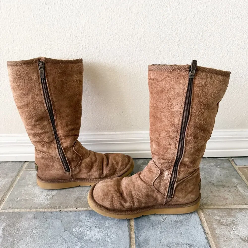 UGG Brown Shearling Tall Warm Winter Boots Buckle Pocket Women’s Size 6